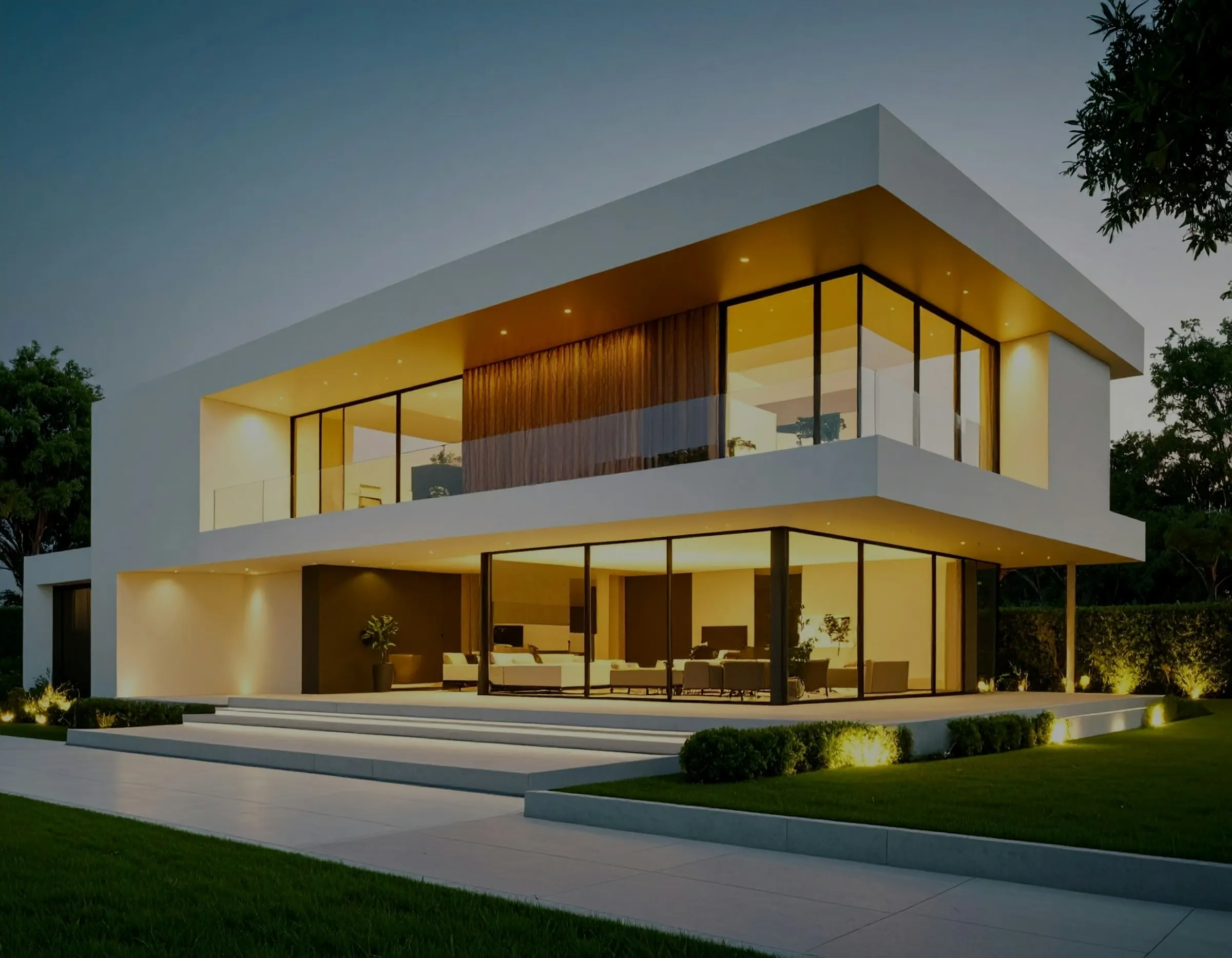 Casa moderna al anochecer con luces cálidas